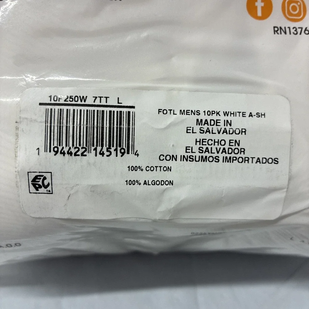 10 A-Shirts Fruit of the Loom White Ribbed Stretch Fabric Men's Size L Tag Free